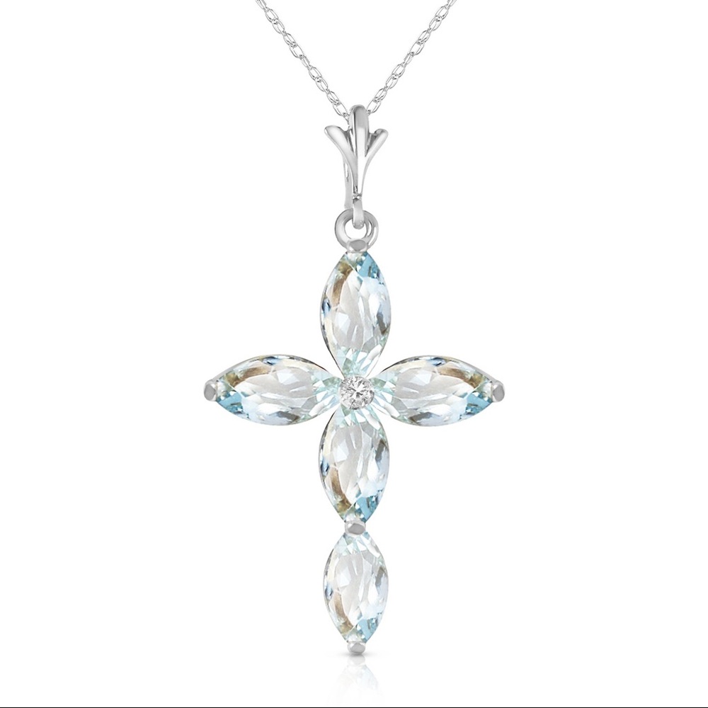 14K. GOLD NECKLACE  NATURAL DIAMOND & AQUAMARINES - Picture 2 of 3